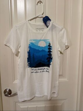 Life Is Good White Tee with Blue Mountain Graphic